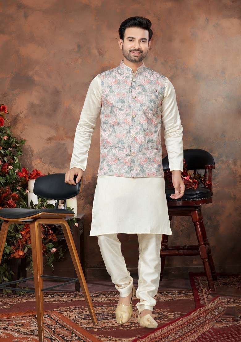Multicolour Printed Silk Nehru Jacket Set For Men - Indya