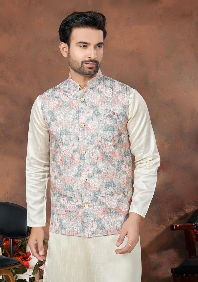 Multicolour Printed Silk Nehru Jacket Set For Men