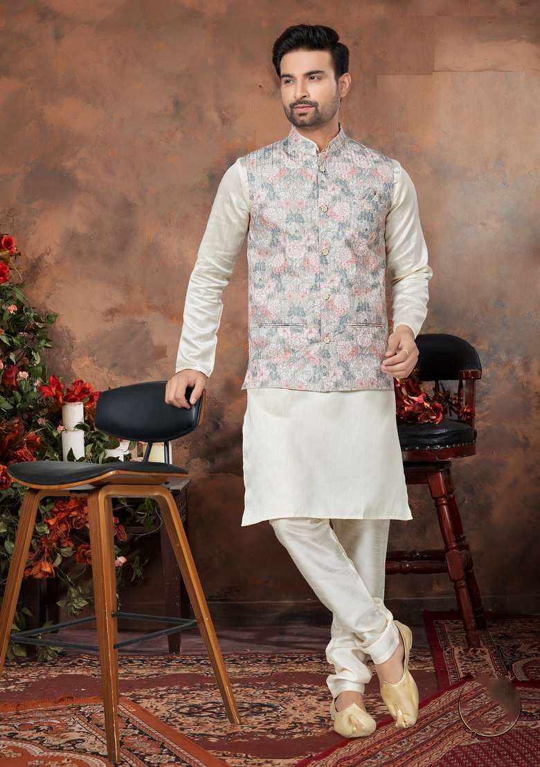 Multicolour Printed Silk Nehru Jacket Set For Men - Indya