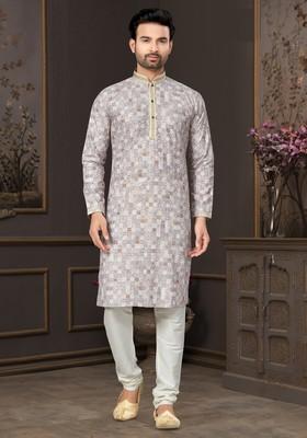 Grey Printed Cotton Kurta Set For Men