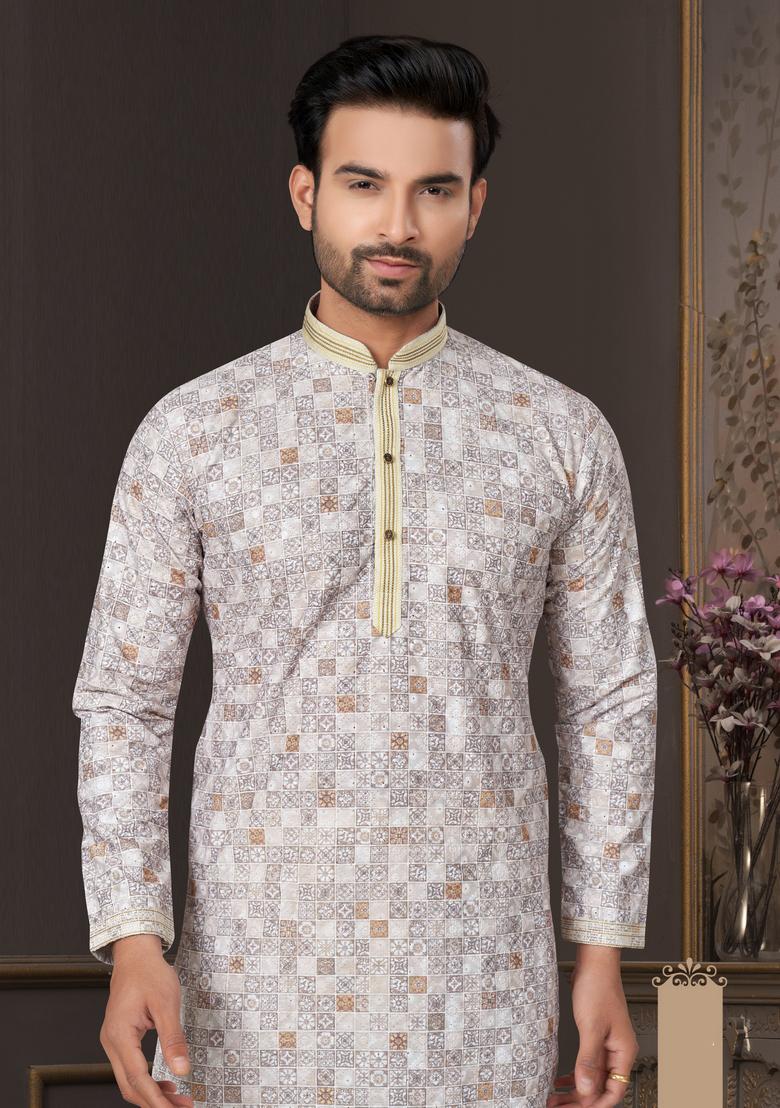 Grey Printed Cotton Kurta Set For Men