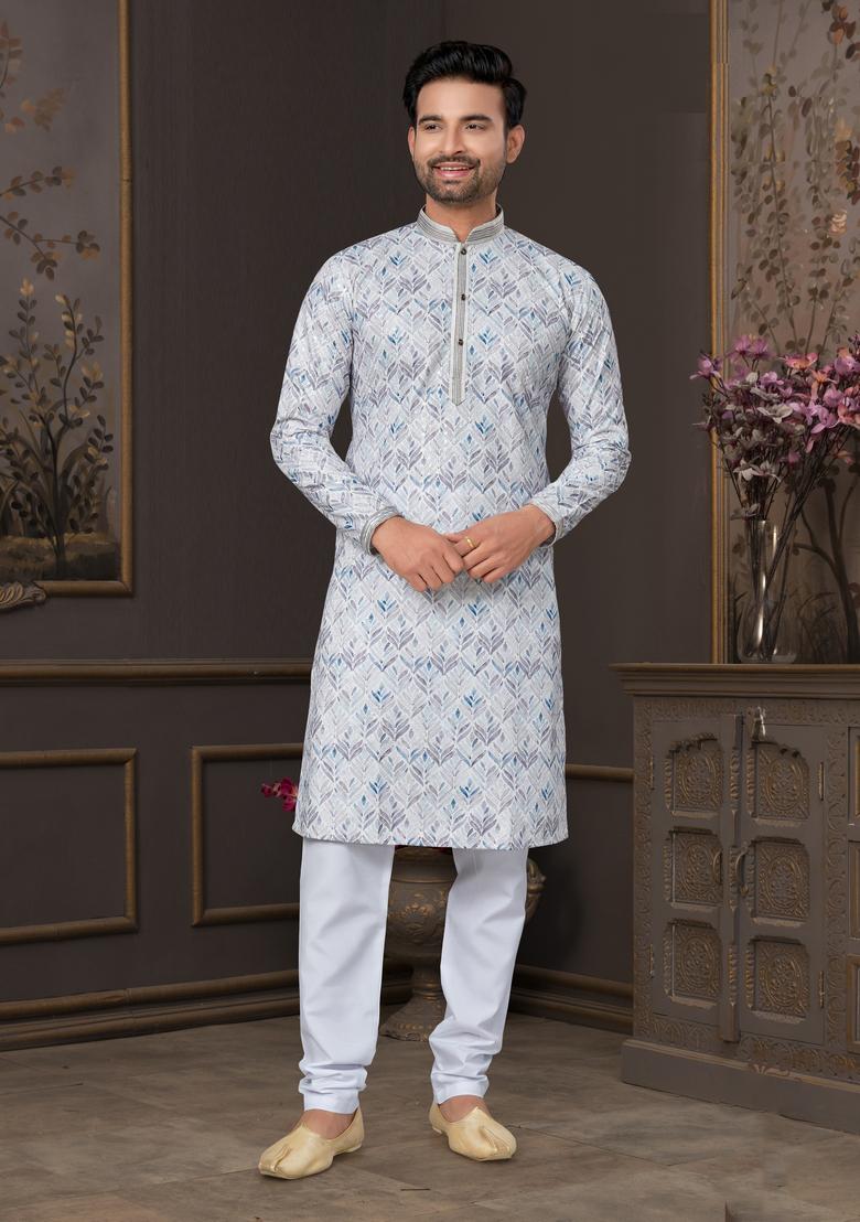 Light Blue Printed Cotton Kurta Set For Men