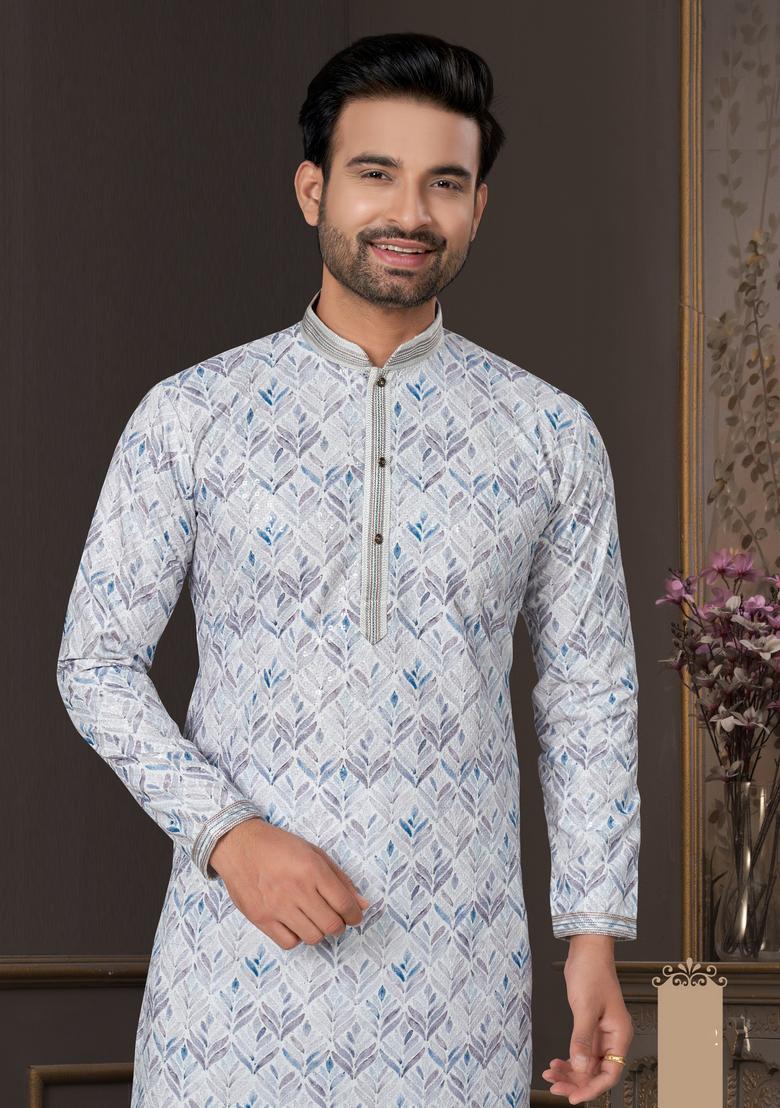 Light Blue Printed Cotton Kurta Set For Men