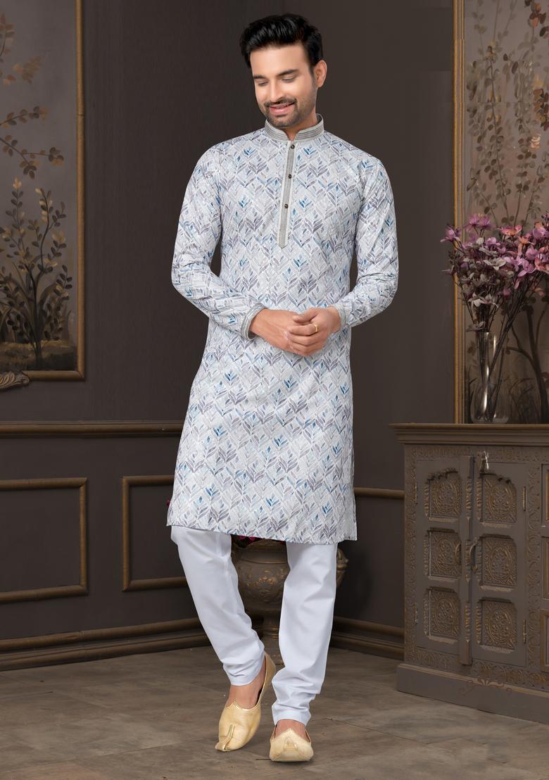 Light Blue Printed Cotton Kurta Set For Men