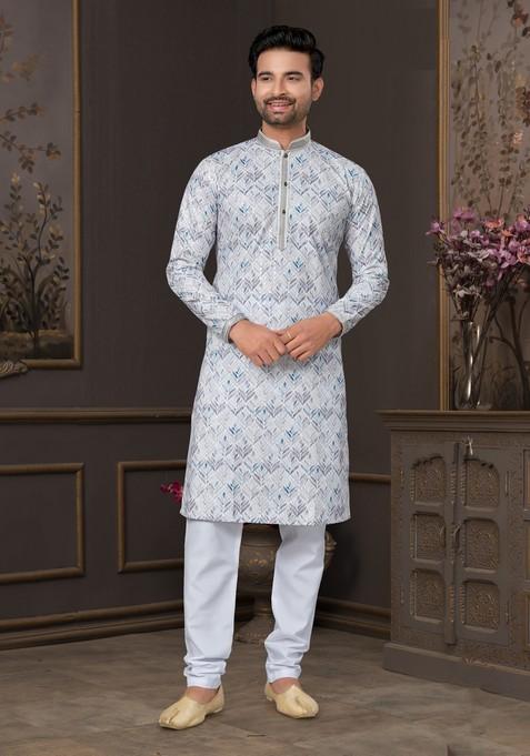 Light Blue Printed Cotton Kurta Set For Men