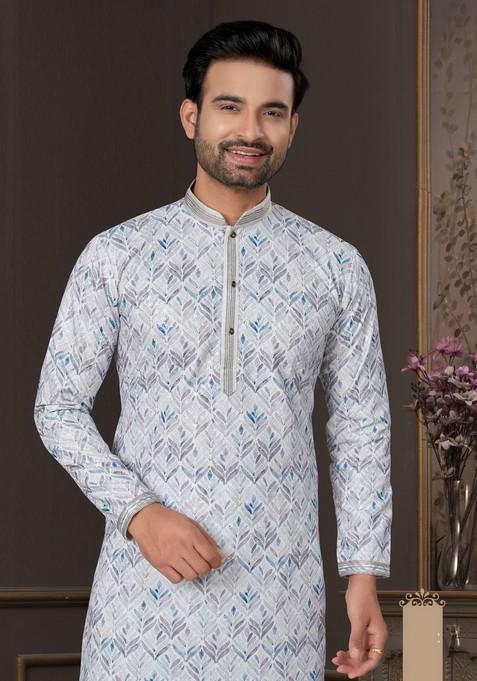 Light Blue Printed Cotton Kurta Set For Men