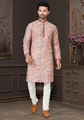 Multicolour Printed Cotton Kurta Set For Men