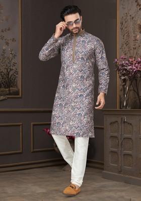 Multicolour Printed Cotton Kurta Set For Men