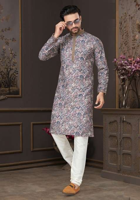 Multicolour Printed Cotton Kurta Set For Men