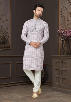 White Printed Cotton Kurta Set For Men