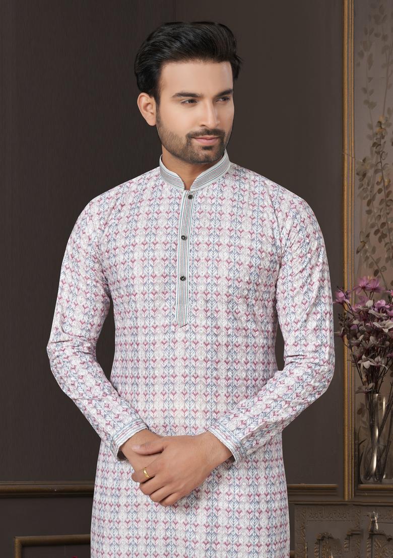 White Printed Cotton Kurta Set For Men