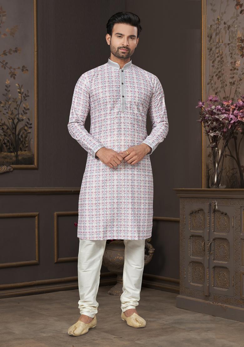 White Printed Cotton Kurta Set For Men