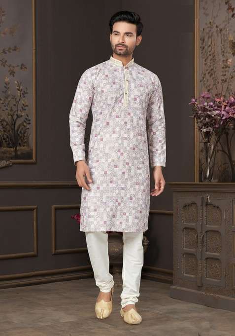 Multicolour Printed Cotton Kurta Set For Men