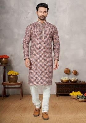 Multicolour Printed Cotton Kurta Set For Men