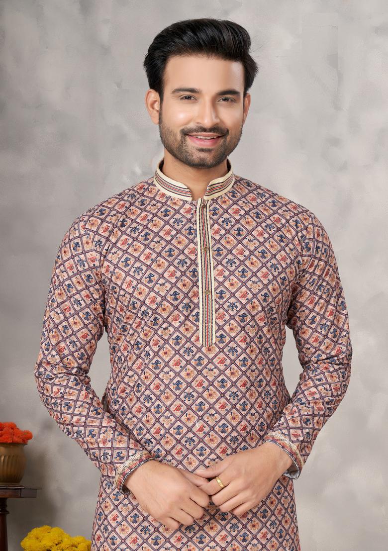 Multicolour Printed Cotton Kurta Set For Men