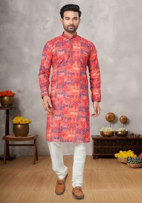 Multicolour Printed Cotton Kurta Set For Men