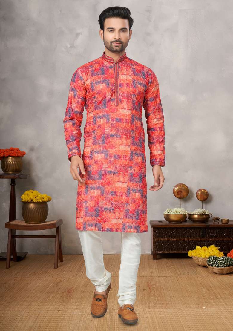 Multicolour Printed Cotton Kurta Set For Men - Indya