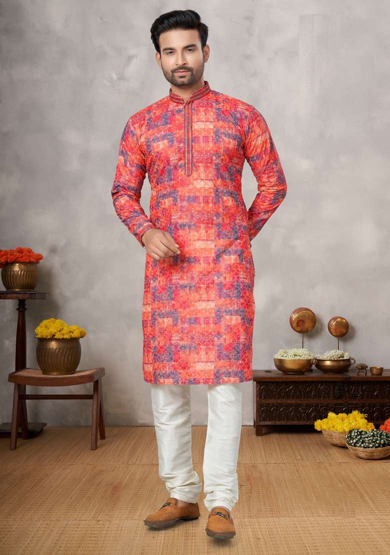 Multicolour Printed Cotton Kurta Set For Men - Indya