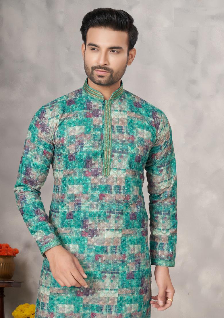 Multicolour Printed Cotton Kurta Set For Men