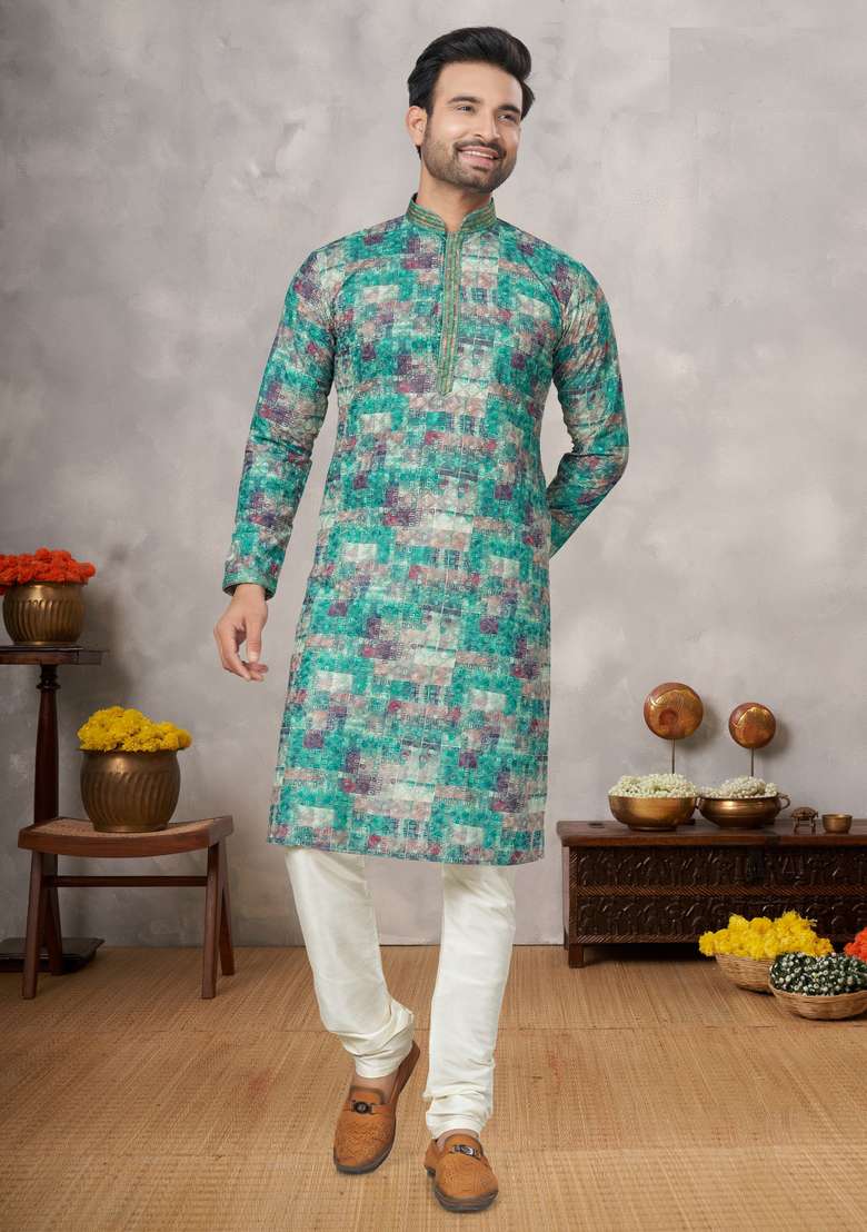 Multicolour Printed Cotton Kurta Set For Men - Indya