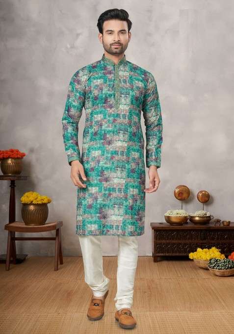 Multicolour Printed Cotton Kurta Set For Men