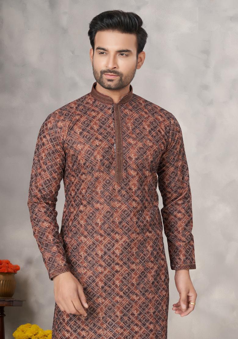 Brown Printed Cotton Kurta Set For Men
