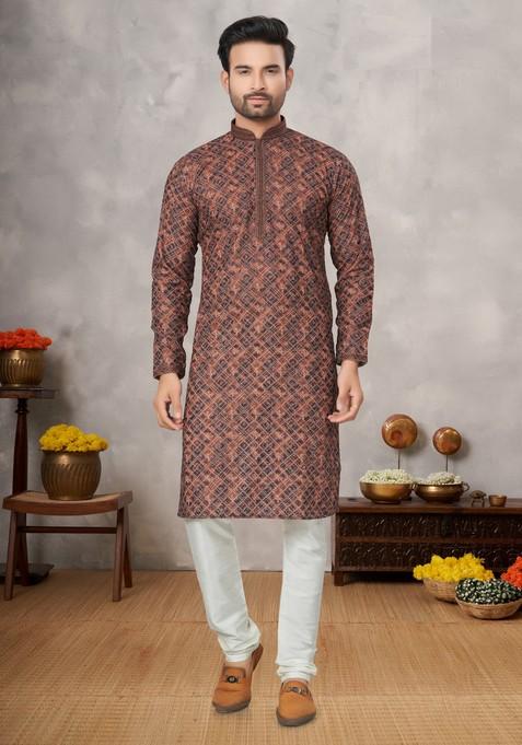 Brown Printed Cotton Kurta Set For Men — view on Indya