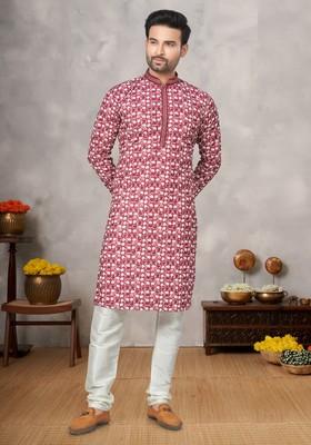 Pink Printed Cotton Kurta Set For Men
