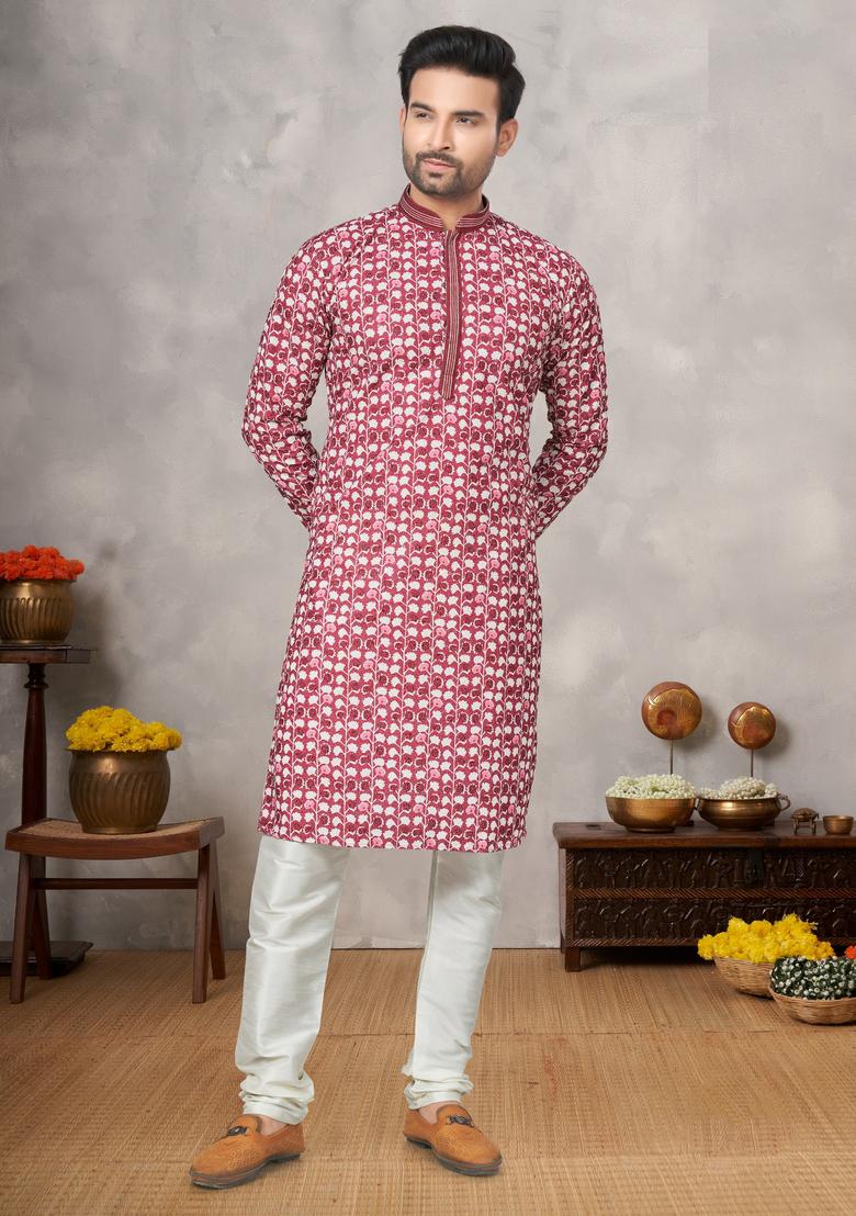 Pink Printed Cotton Kurta Set For Men