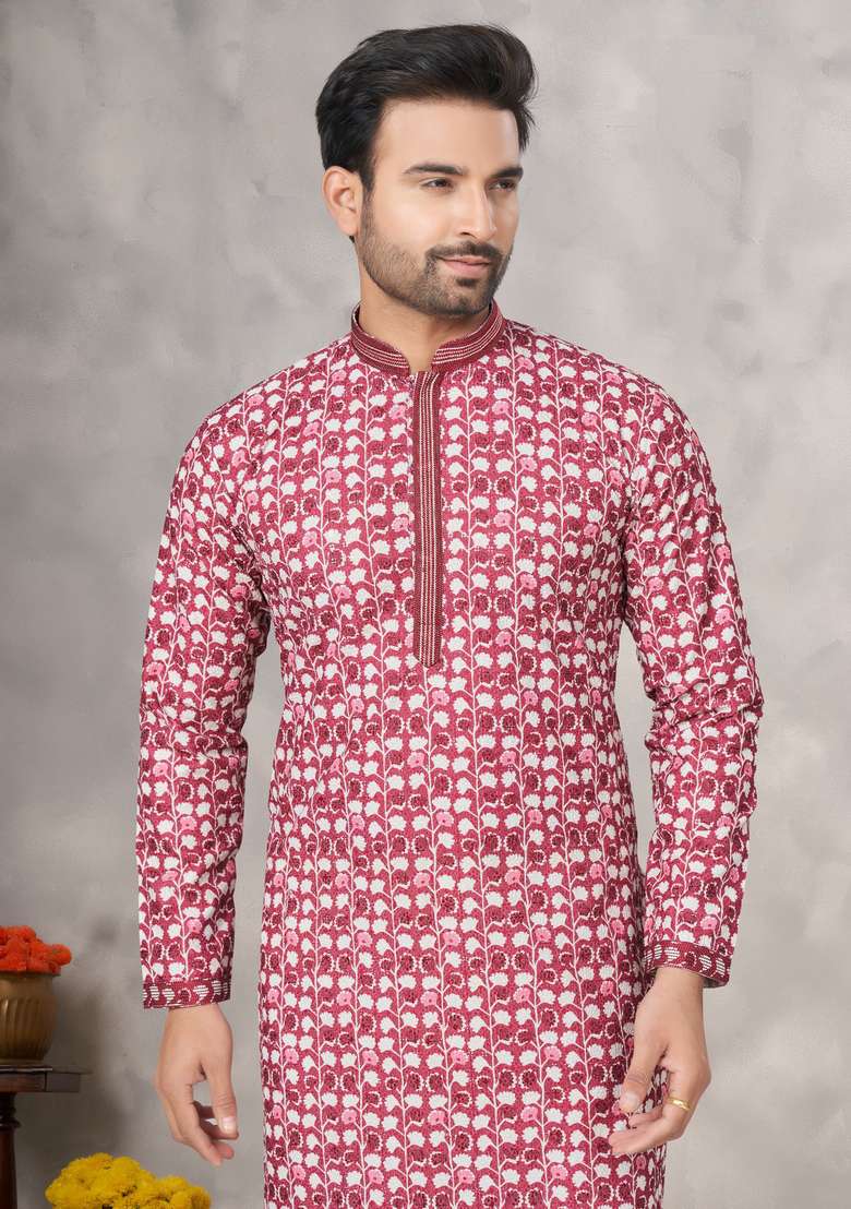Pink Printed Cotton Kurta Set For Men - Indya