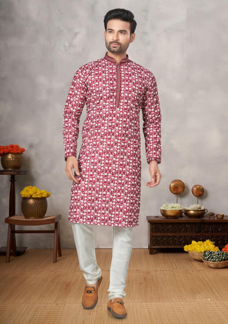 Pink Printed Cotton Kurta Set For Men