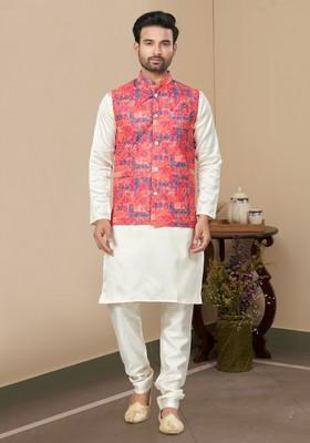 Multicolour Printed Silk Nehru Jacket Set For Men