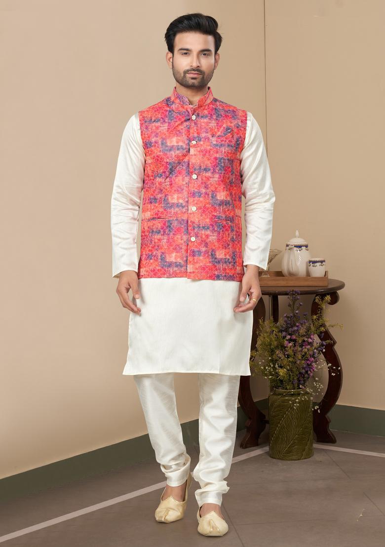 Multicolour Printed Silk Nehru Jacket Set For Men