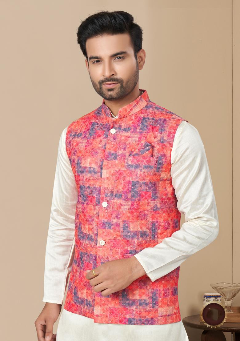 Multicolour Printed Silk Nehru Jacket Set For Men