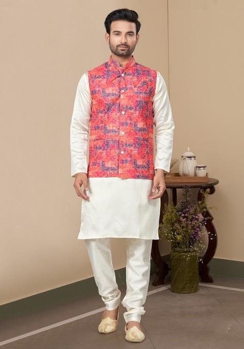 Multicolour Printed Silk Nehru Jacket Set For Men