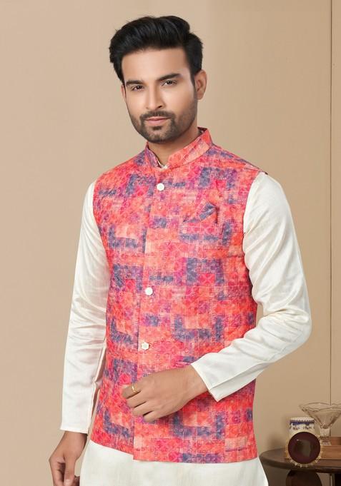 Multicolour Printed Silk Nehru Jacket Set For Men