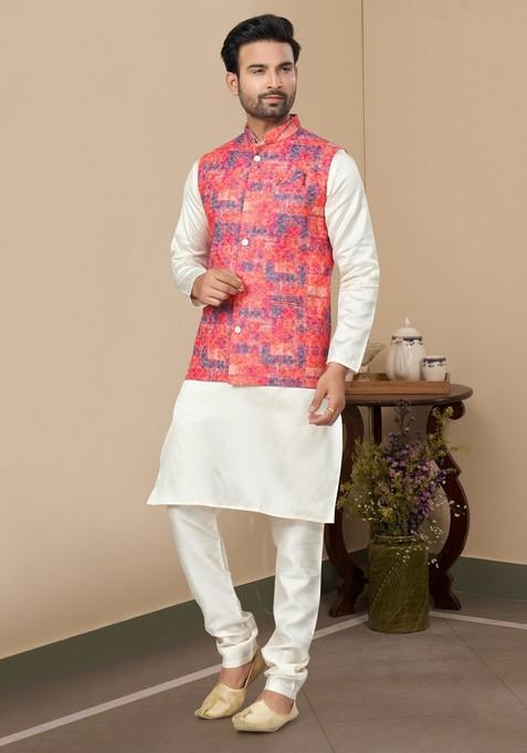 Multicolour Printed Silk Nehru Jacket Set For Men