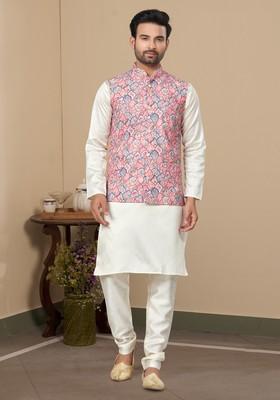 Multicolour Printed Silk Nehru Jacket Set For Men
