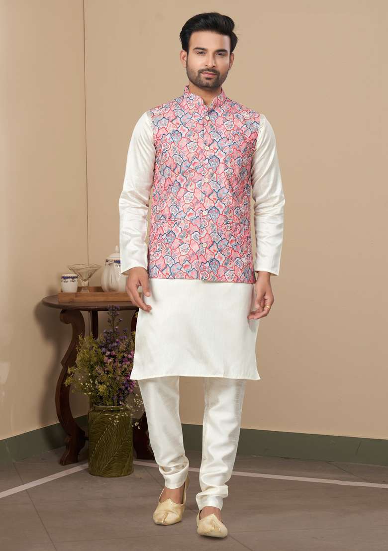 Multicolour Printed Silk Nehru Jacket Set For Men - Indya
