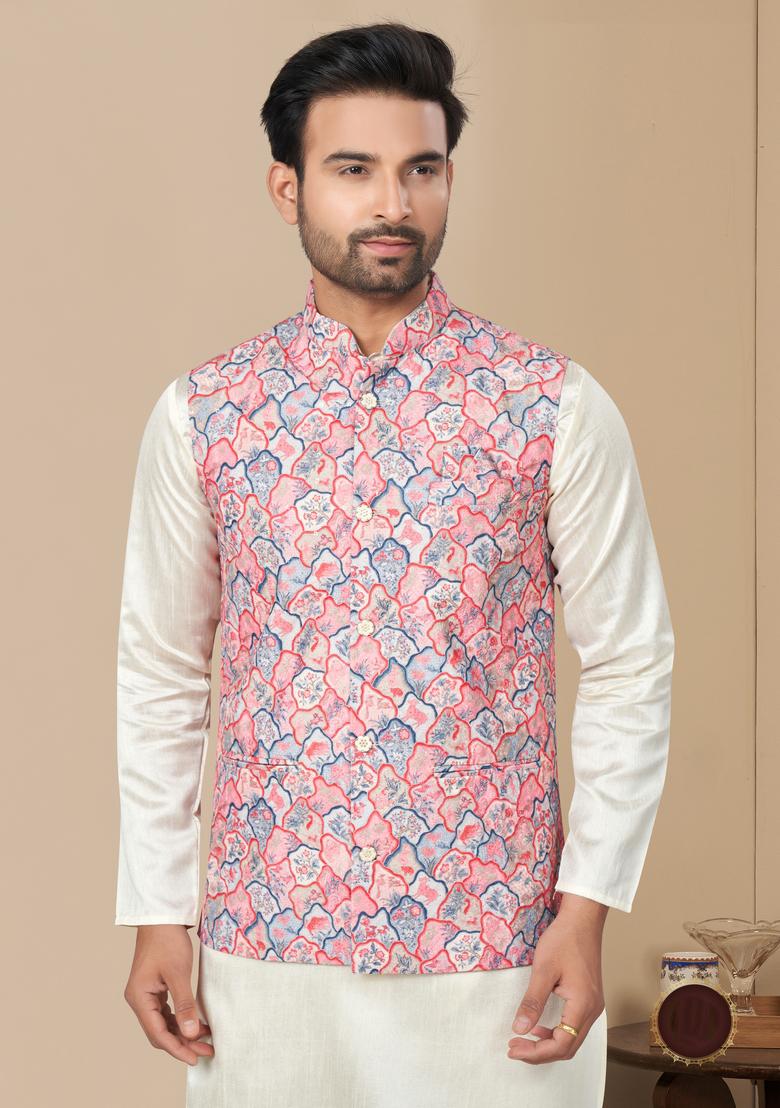 Multicolour Printed Silk Nehru Jacket Set For Men