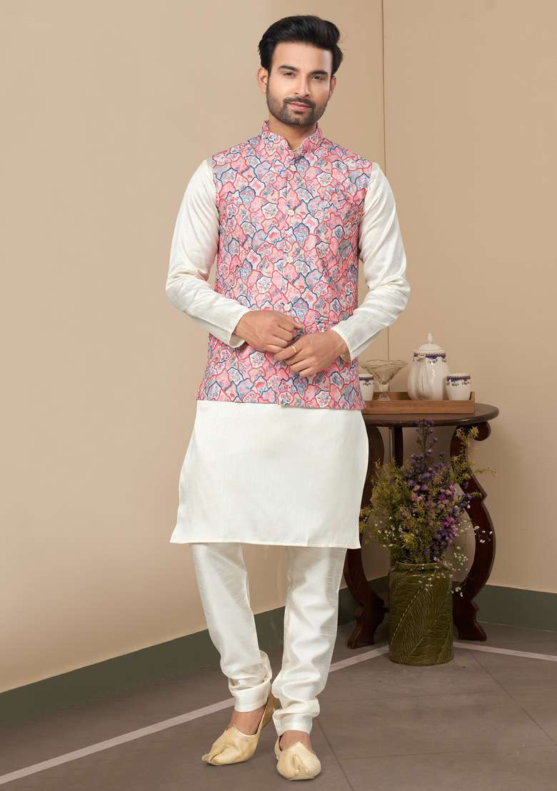 Multicolour Printed Silk Nehru Jacket Set For Men - Indya