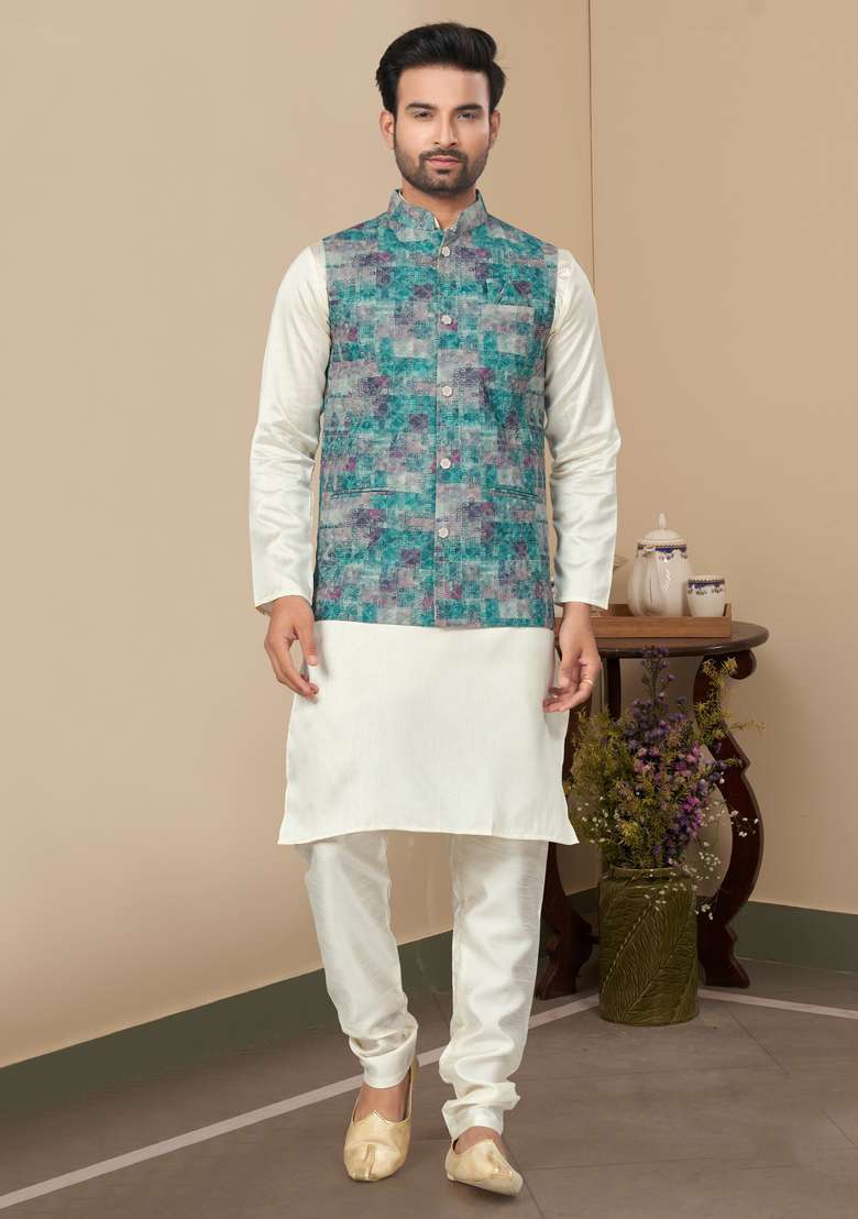 Multicolour Printed Silk Nehru Jacket Set For Men - Indya