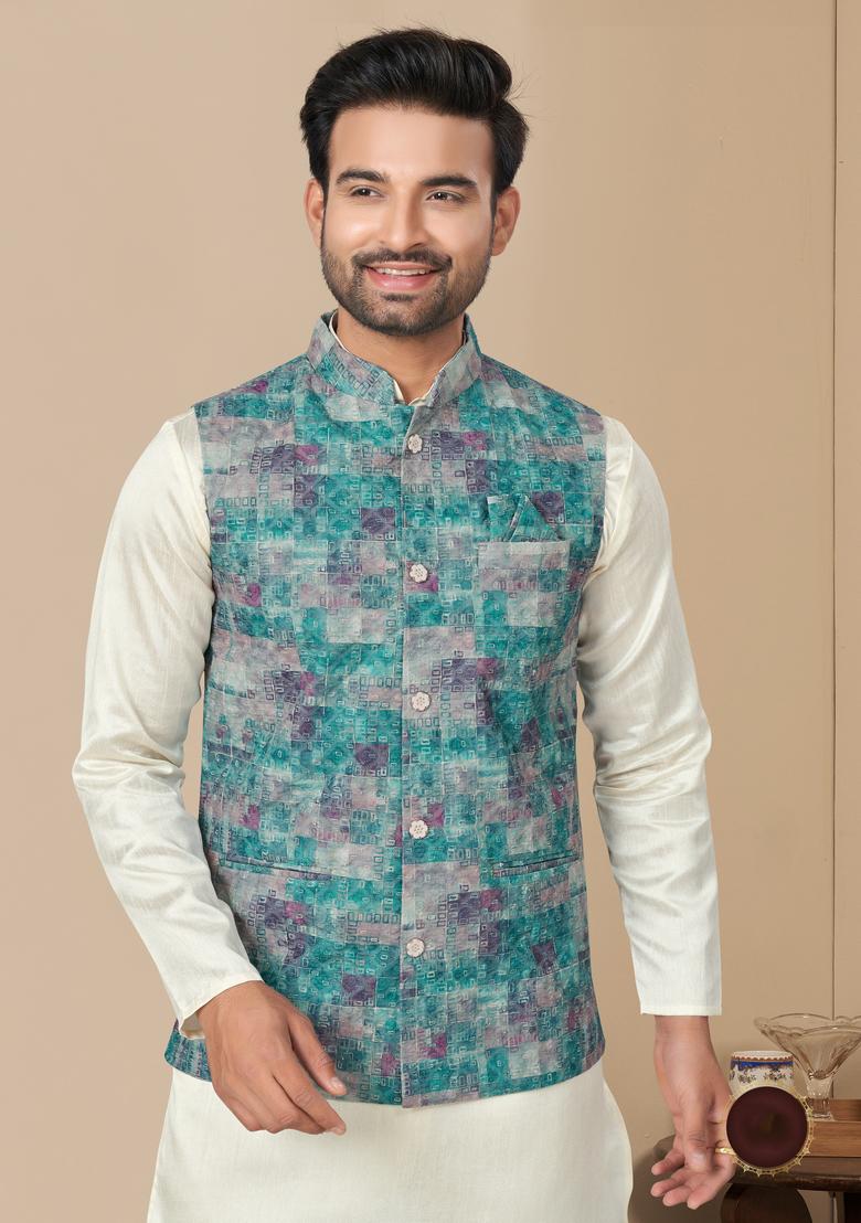 Multicolour Printed Silk Nehru Jacket Set For Men