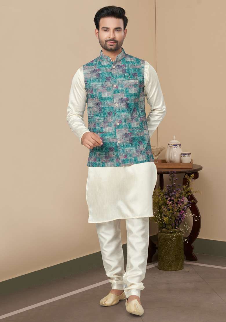 Multicolour Printed Silk Nehru Jacket Set For Men - Indya