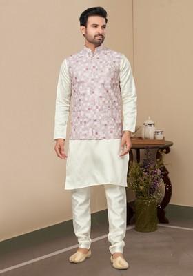 Multicolour Printed Silk Nehru Jacket Set For Men