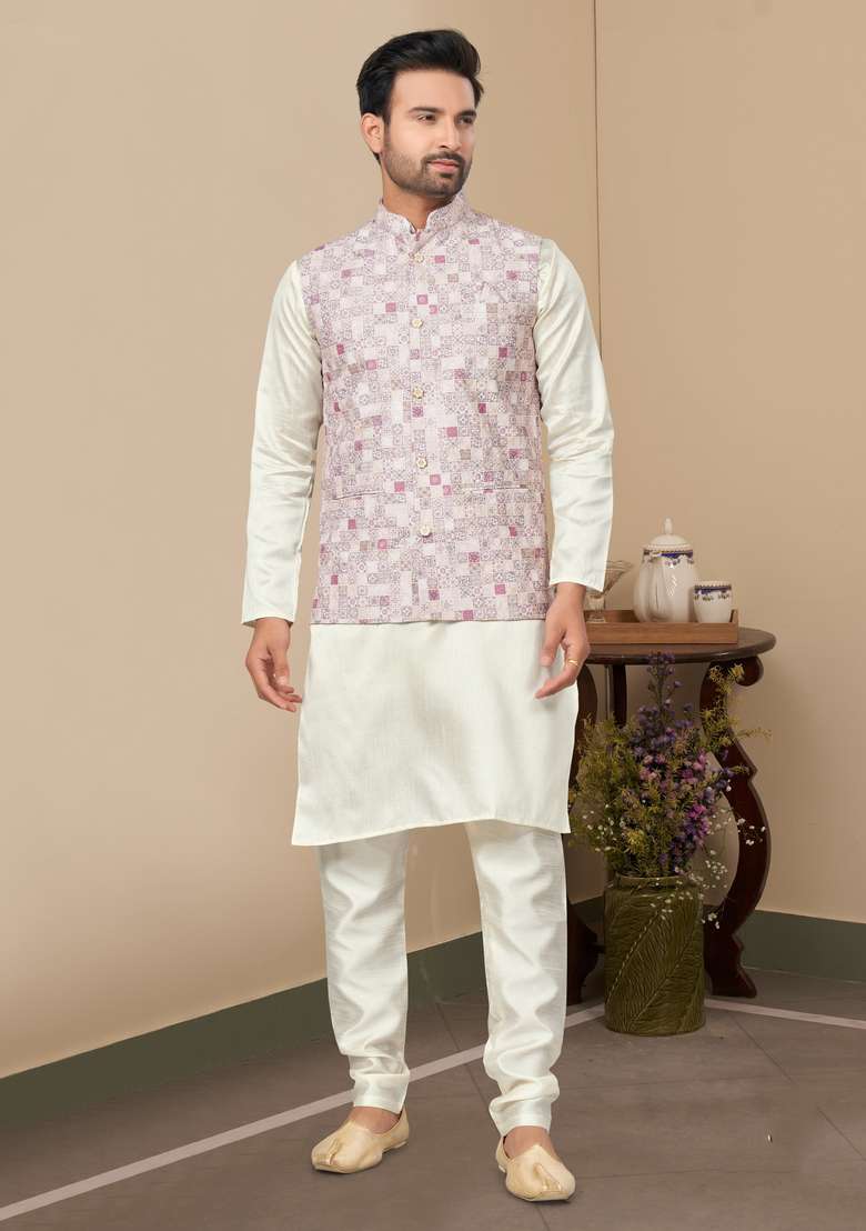 Multicolour Printed Silk Nehru Jacket Set For Men - Indya