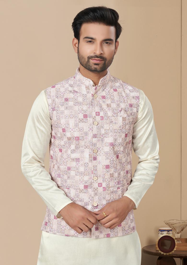 Multicolour Printed Silk Nehru Jacket Set For Men