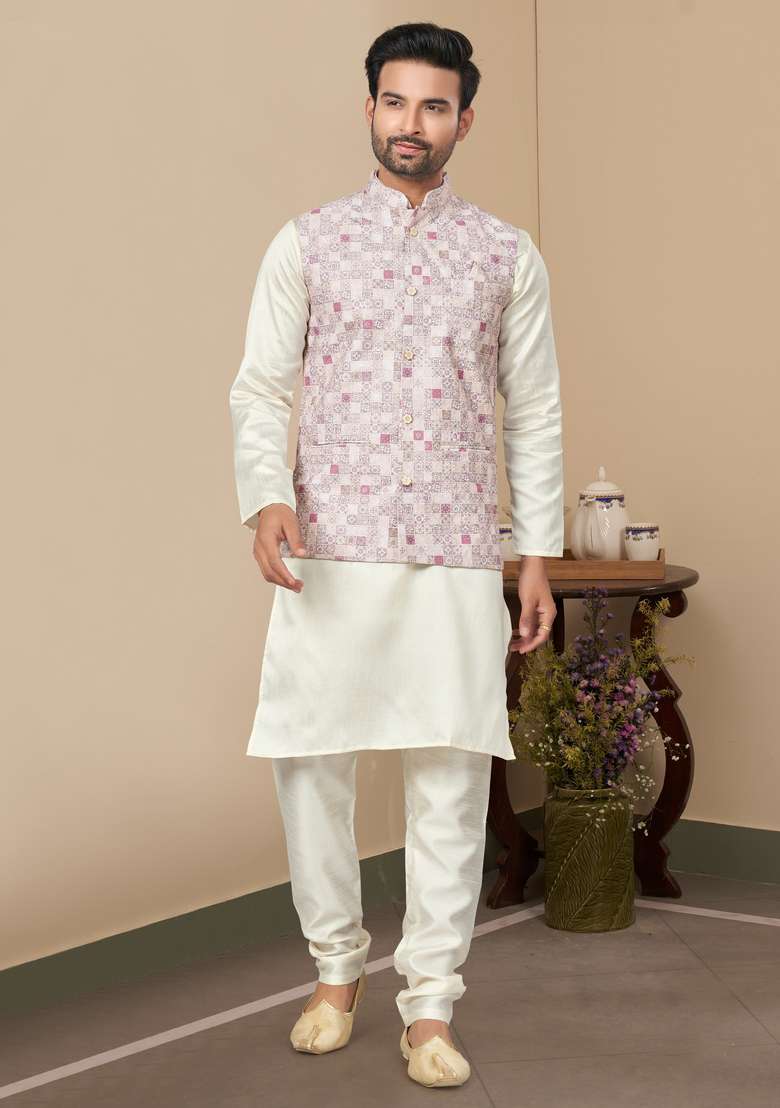 Multicolour Printed Silk Nehru Jacket Set For Men - Indya