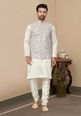 White Printed Silk Nehru Jacket Set For Men