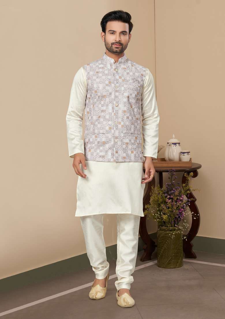 White Printed Silk Nehru Jacket Set For Men - Indya